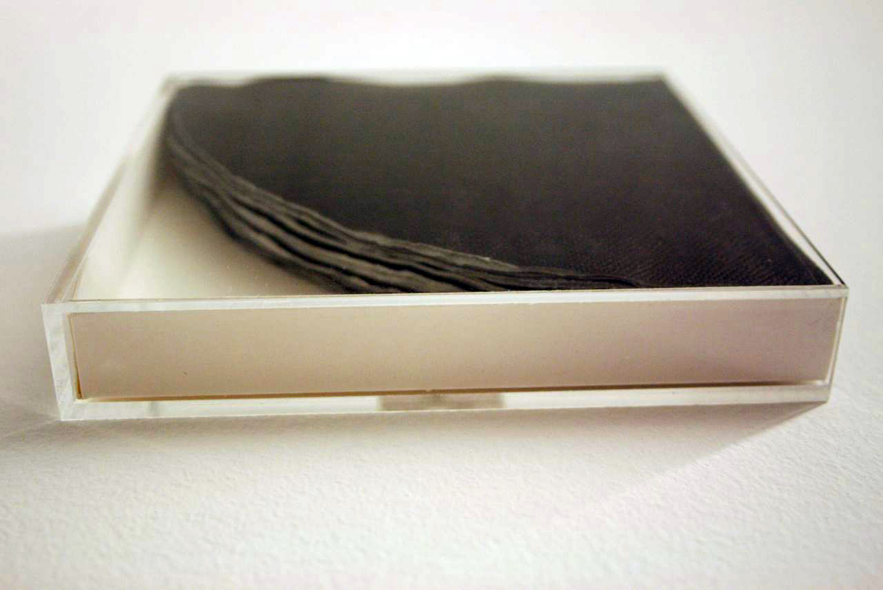 private pattering: 10+1 relax 2012 / Gianluca Codeghini (Pennarello bianco su tovagliolo nero circolare e scatola in plexiglass)